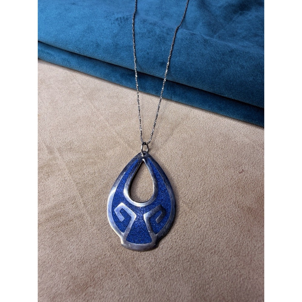 Vintage 925 Sterling Silver Blue Lapis Chip Inlay Teardrop Pendant 24" Necklace